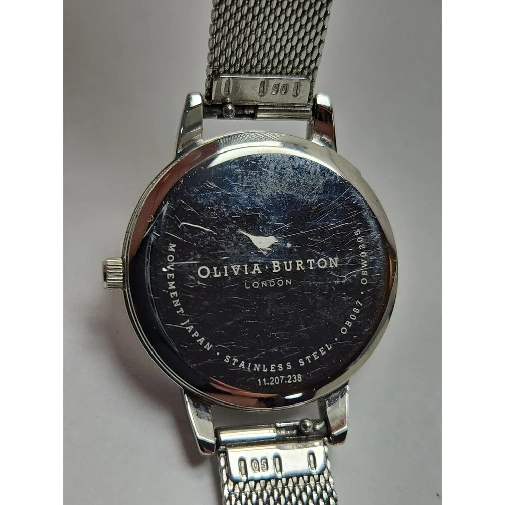 Olivia Burton London Womens Silver Mesh White Dial Quartz 30mm Watch New Battery